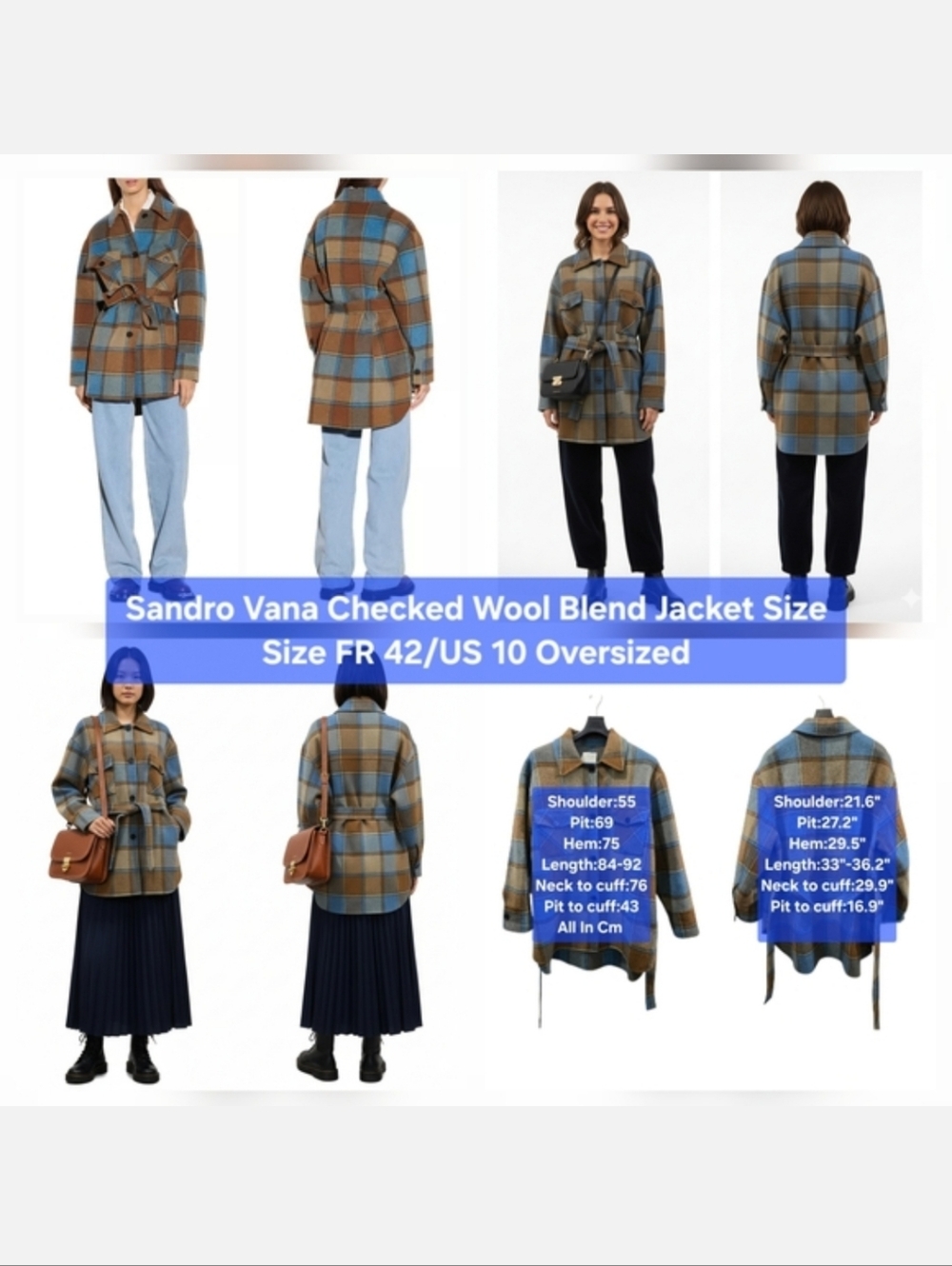 Sandro Vana Checked Wool Blend Oversized Jacket Size FR 42/US 10-Oversized